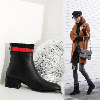 

Women Ankle Boots Genuine Leather 34-39 Thick Heel Leather Cowhide + Cow Suede Korean Fashion Casua Women's Shoes 2 Color