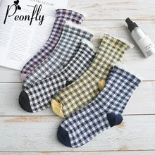 PEONFLY осень ретро маленькие квадратные носки в клетку женские harajuku кружева Шахматная сетка Новая мода хлопок короткие носки женские
