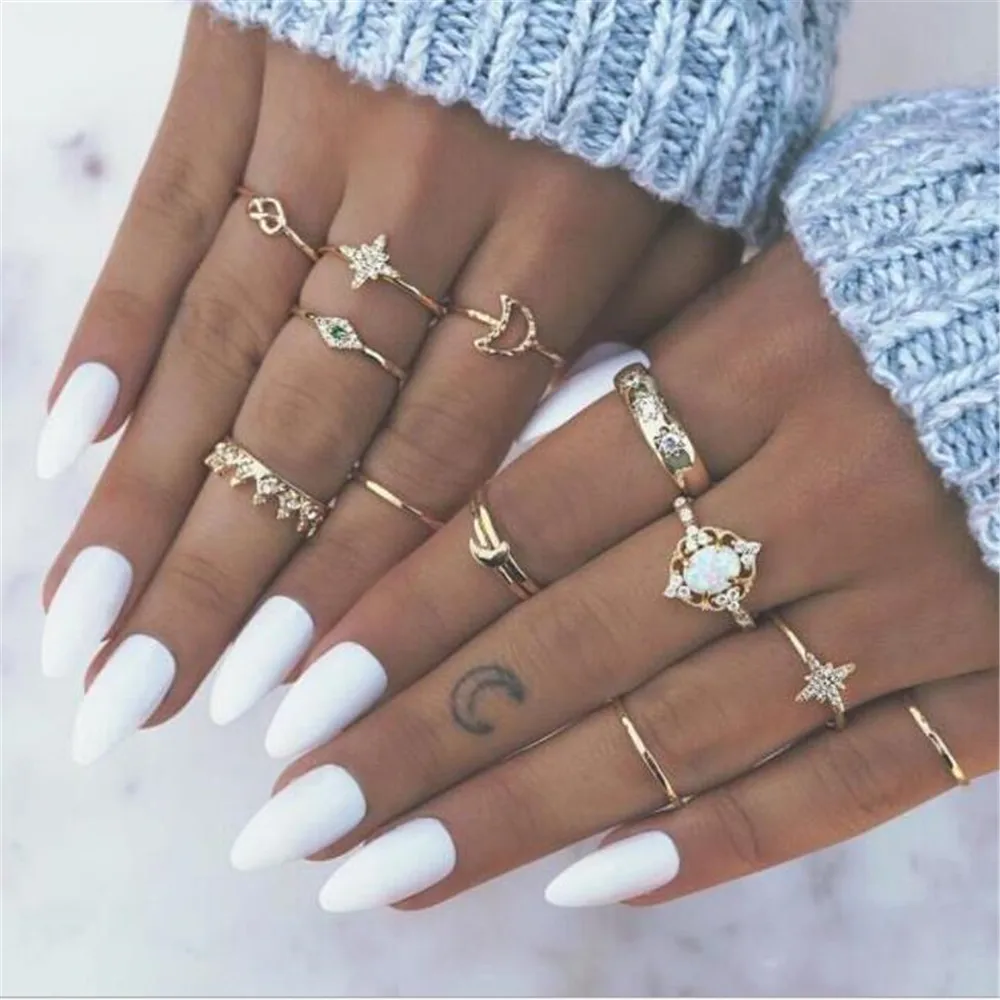 

Alloy Geometric Fashion Ring Retro Opal Crown with 13 Pieces /Set Joint Rings with Star and Moon