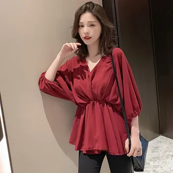 

Women Summer Chiffon Blouse Long Sleeve V-Neck Casual Shirt Tops Elegant Office Ladies Blouses