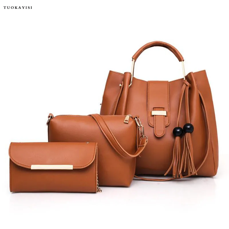 

2019 New female handbags high quality PU shoulder crossbody bag Pure color 3 psc./s tote messenger bags for women