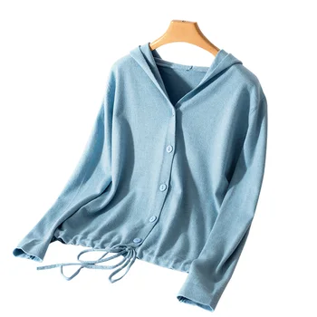 

Hooded Cardigan Women 2019 Spring and Autumn New Solid Color Cashmere Casual Jacket Single Breasted Ladies Tops Thin V-neck Knit