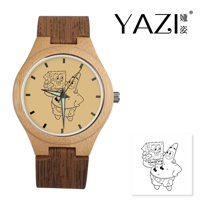 

YAZI DIY Wooden Watch SpongeBob Lucky Logo Quartz Watch Natural Bamboo Wood Case Wrist Watches Wood Stripe Band Gift For Friend