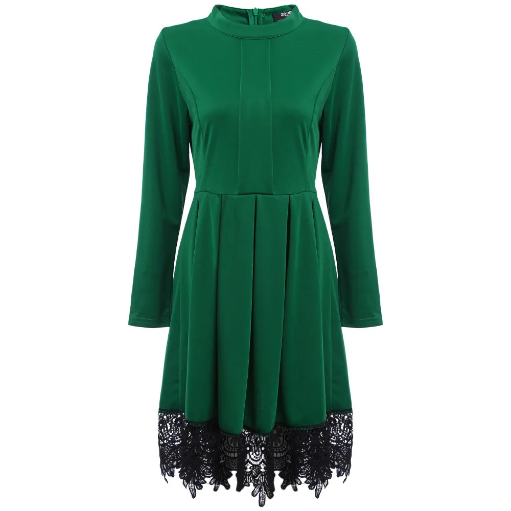 

Fashion Patchwork Lace Long Sleeve Dress O-neck Spliced Patchwork Pleated Europe 2019 American Style Slim