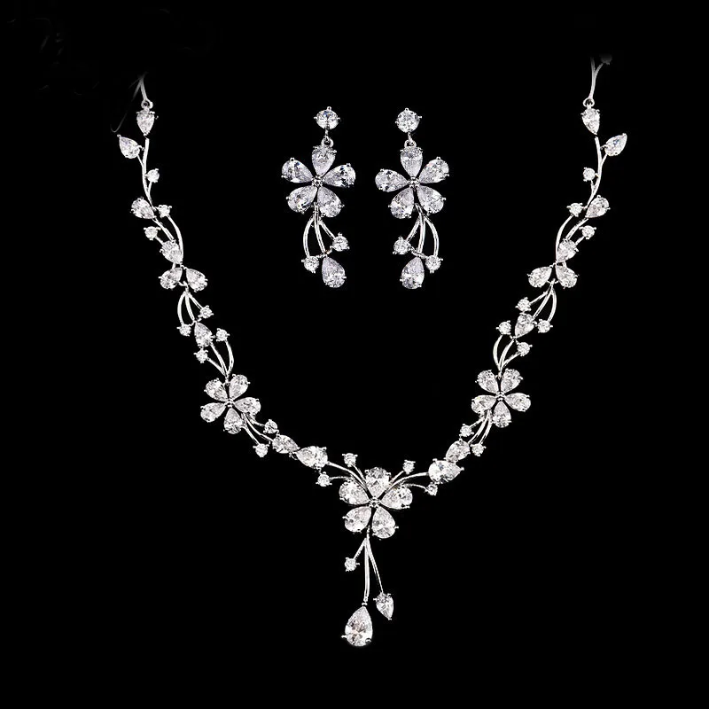 

Women Bridal Wedding Jewelry Sets Charm Crystal Flower Drop Pendant Necklace And Earrings Sets Shininy Cubic Zirconia CZ