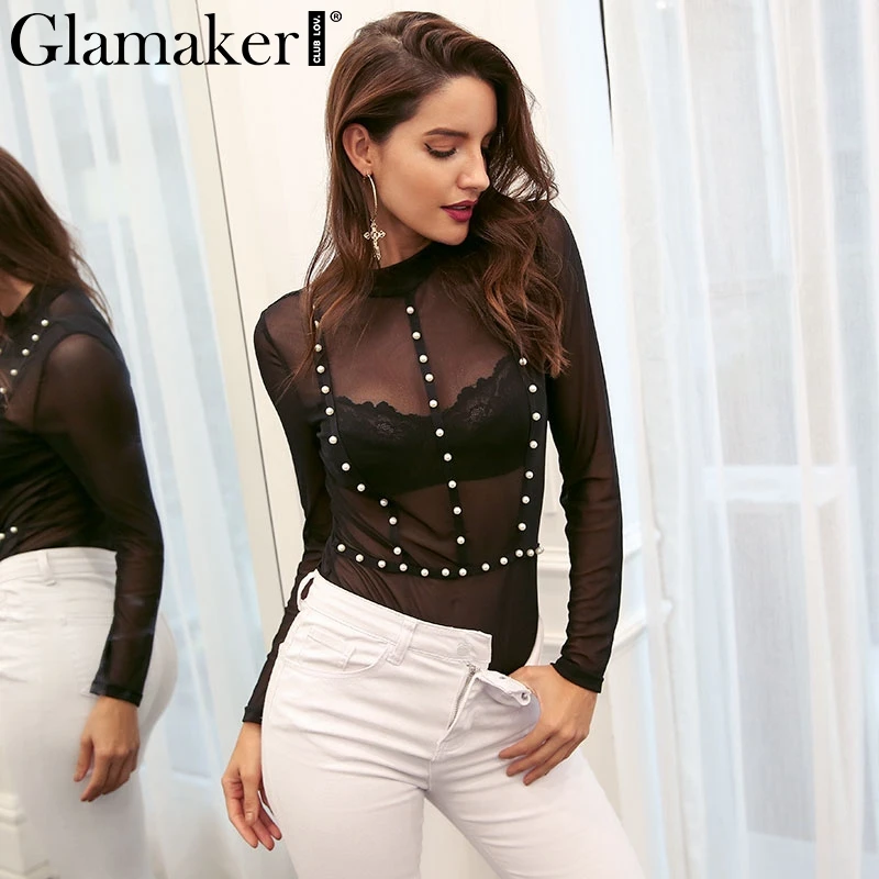 Glamaker Pearl transparent mesh sexy bodysuit Women long