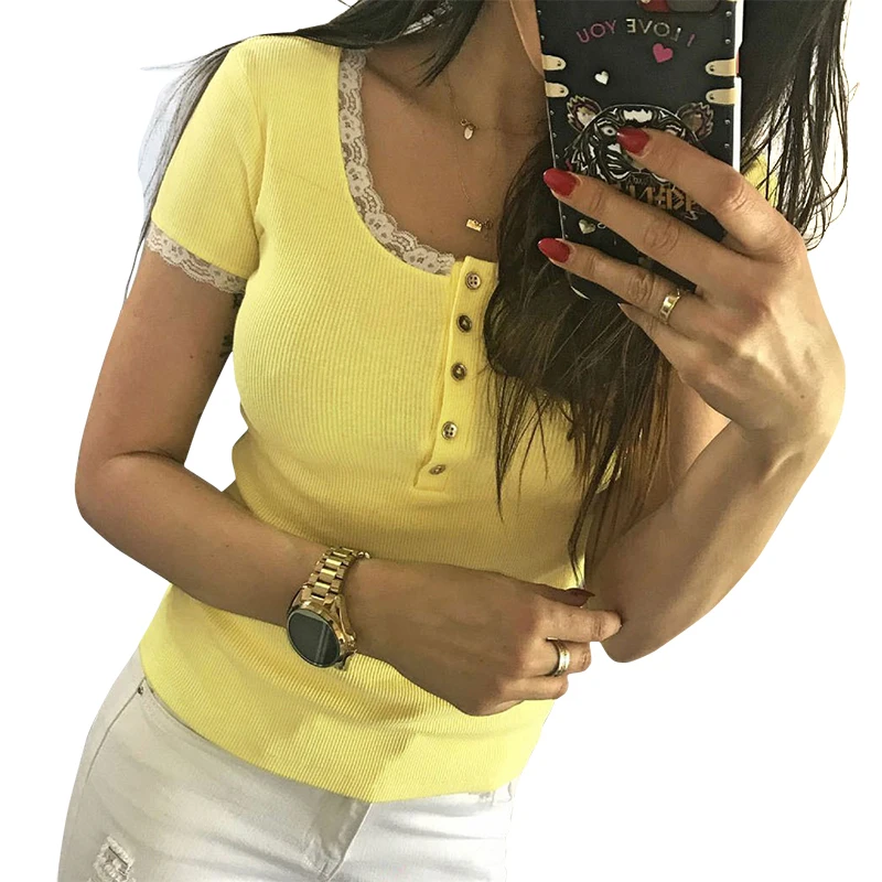 الحلو الدانتيل خليط المرأة تي شيرت مثير سكوب الرقبة أزرار الصيف المحملة قميص الإناث عارضة الأساسية حك التي شيرت Blusas قمم GV325 الحلو الدانتيل خليط المرأة تي شيرت مثير سكوب الرقبة أزرار الصيف المحملة قميص الإناث عارضة الأساسية حك التي شيرت Blusas قمم GV325