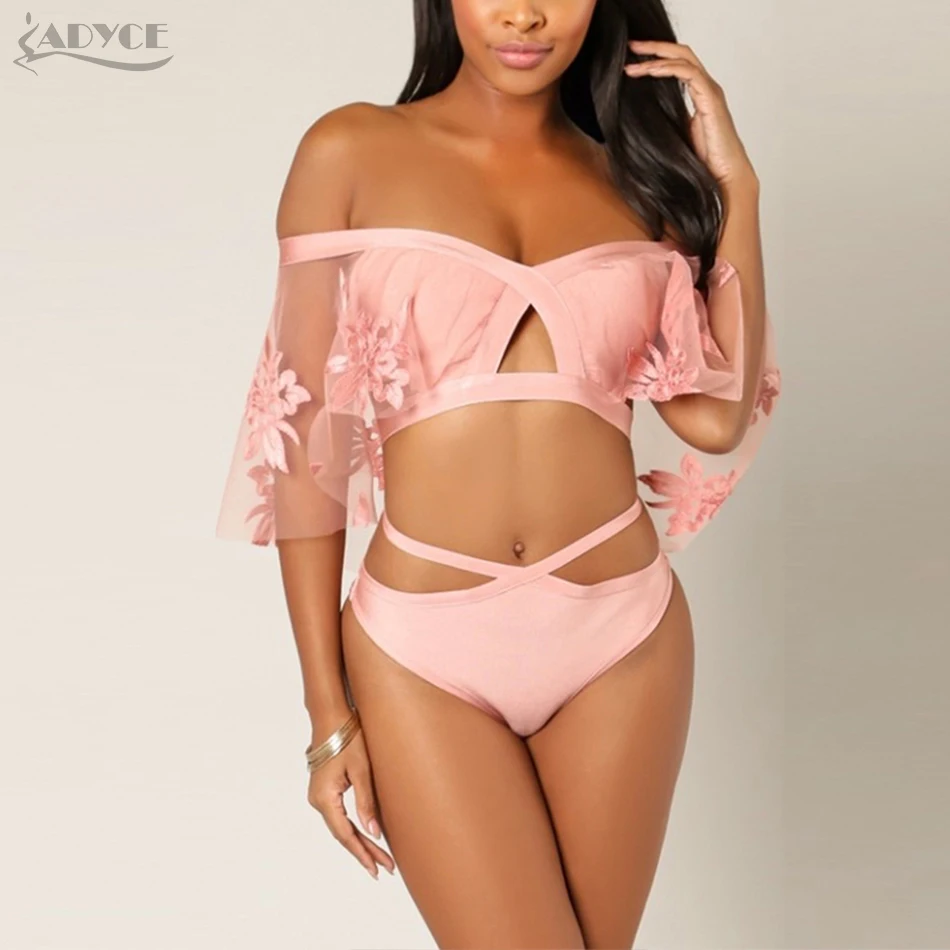 

Adyce Summer Bandage Bodysuit Pink Black Sexy Lace Hollow Out Bikini Short Sleeve 2019 New Bodycon Bodysuits Beachwear Jumpsuits