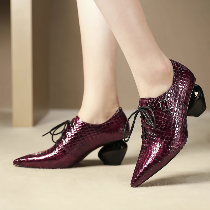 

Genuine Leather Women High Heels Strange Style Platform Shoes Zapatos Mujer Cow Leather Lace Up Wedding Shoes Chaussure Femme