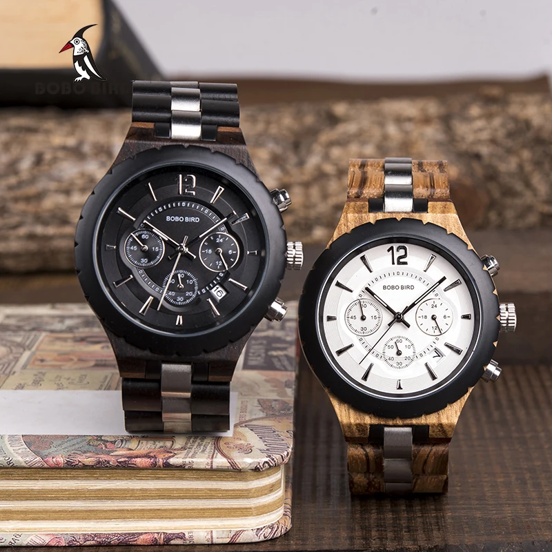 Stopwatch in Sport Watches Men BOBO BIRD Wooden Male saat erkek Metal and Wood Wristwatch With Date Clock Gift In Wood Box
