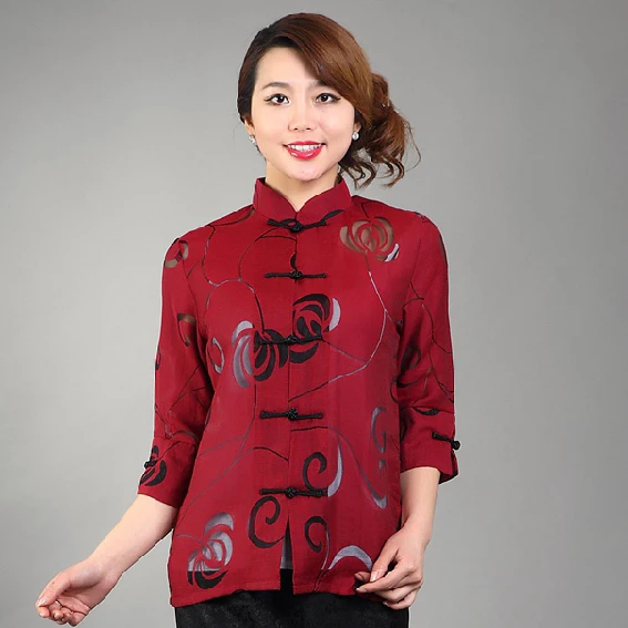

Vintage Burgundy Chinese Women's Cotton Blouse Tops Sexy Hollow Out Shirt Flower Tang Suit blusa feminina Plus Size 4XL NS-02