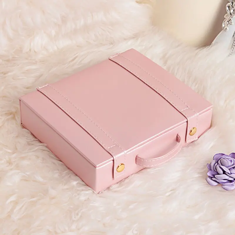 Sweet Pink Jewelry Box Portable Leather Earring Ring Jewelry Storage Travel Case