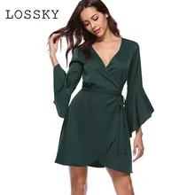 LOSSKY Mulheres Sólidos Wrap Dress Profundo Decote Em V Sexy Manga Alargamento Casual Vestidos Bow Tie Faixa Ataduras Vestir Vestidos de Verão 2018 nova