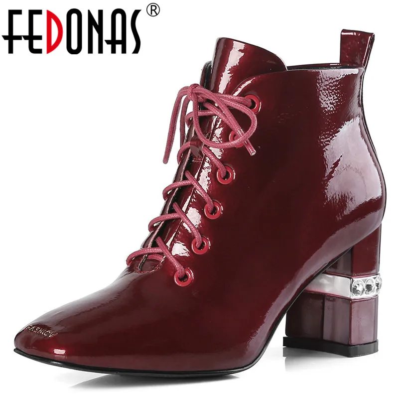 

FEDONAS Fashion Women High Heels Patent Leather Night Club Party Shoes Woman Corss-tied Short Basic Ladies Boots Shoes Woman