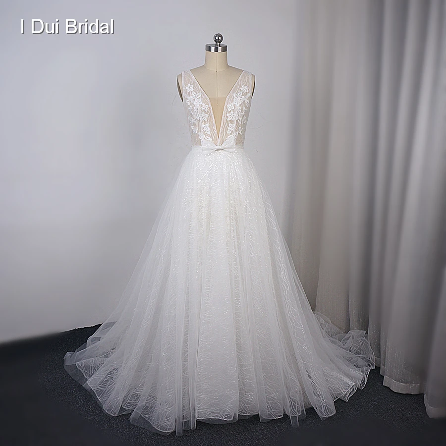 

Deep Neckline Sparkle Wedding Dress A Line High Quality Bridal Gown with Low Back Factory Custom Make