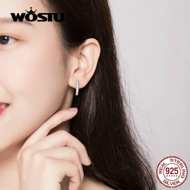 WOSTU классические розовые и белые серьги-кольца с цирконом 925 пробы серебряные модные серьги для женщин Свадебные ювелирные изделия CQE658