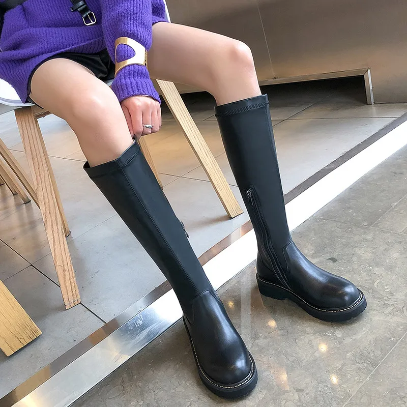 Smirnova/Сапоги до колена, большие размеры 34-42 женские сапоги из pu искусственной кожи на молнии с круглым носком и из натуральной кожи обувь на среднем каблуке женские ботинки г. Новая обувь