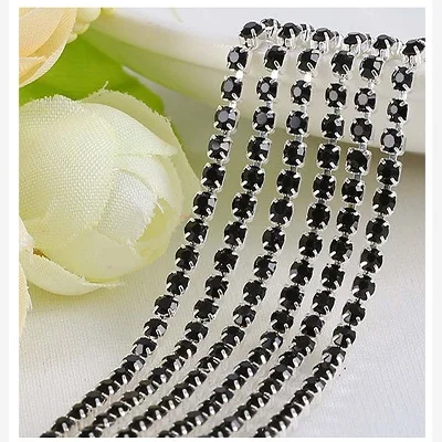 1yard/piece 30colors glass crystal Rhinestone Chain,silver bottom sew on Cup Chains For diy Garment Bags decorations Black