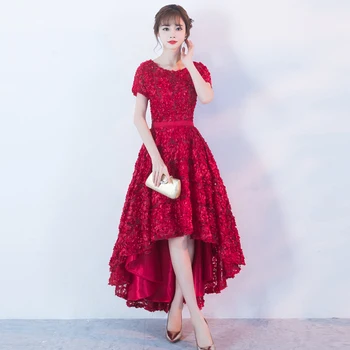 

Sexy evening dress Short Sleeve Short Front Back Long Lace Evening Dress Bride Banquet Formal Party Gown