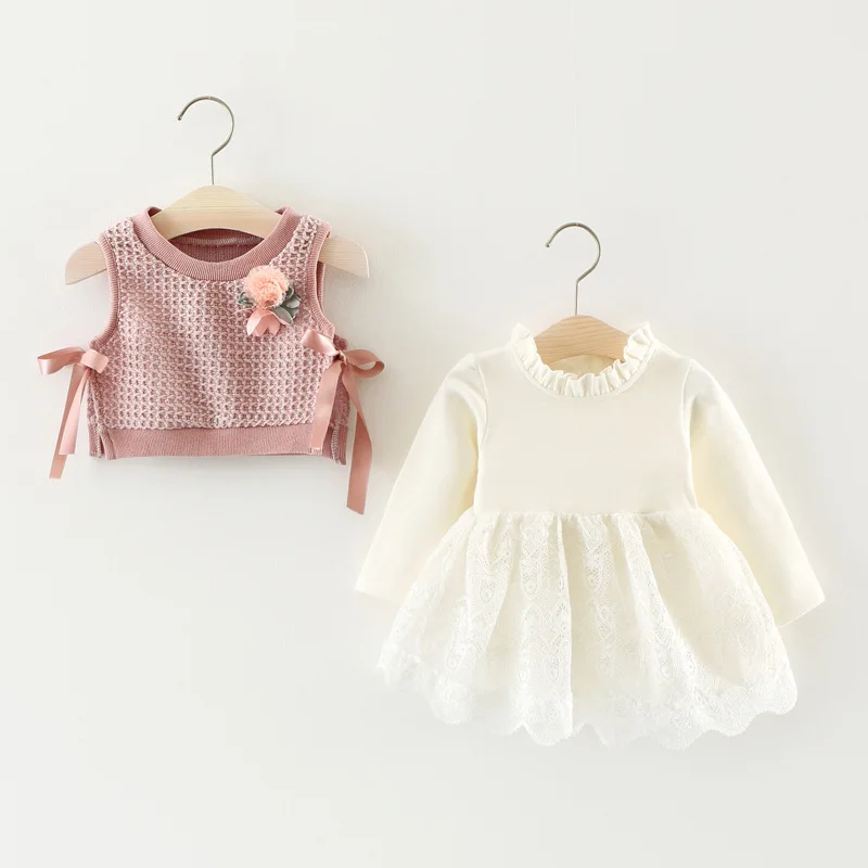 Осень платье для девочки длинные рукава Поддельные 2 шт. вязаные платья новорожденных боди одежда для малышей Одежда 0-24 м