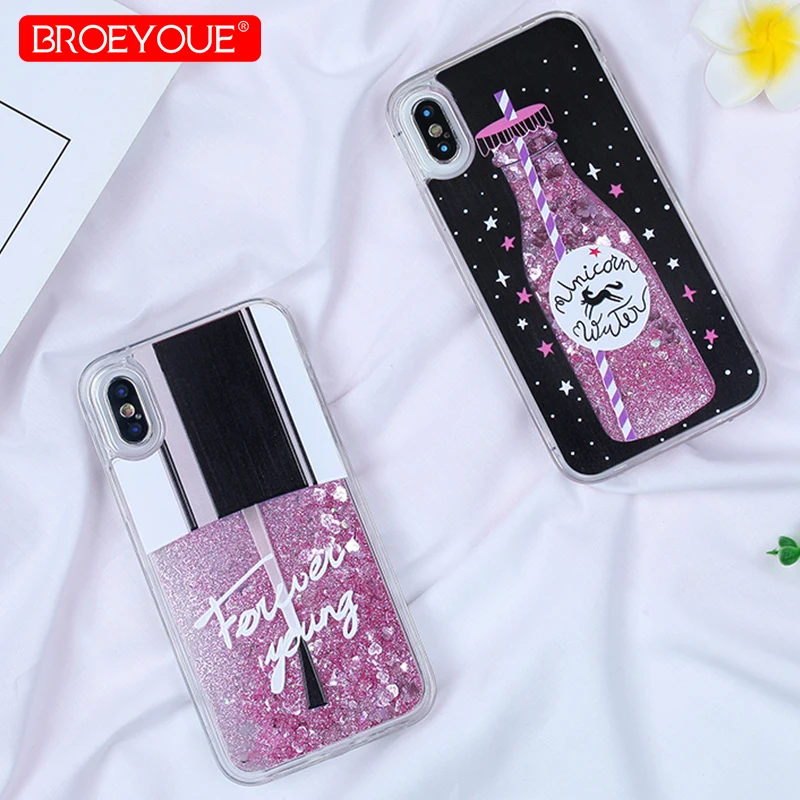 

BROEYOUE Luxury Phone Case For iPhone X Case Glitter Liquid For iPhone 5 5S 6 6S 7 8 Plus SE Cute Cat Silicone Transparent Cover