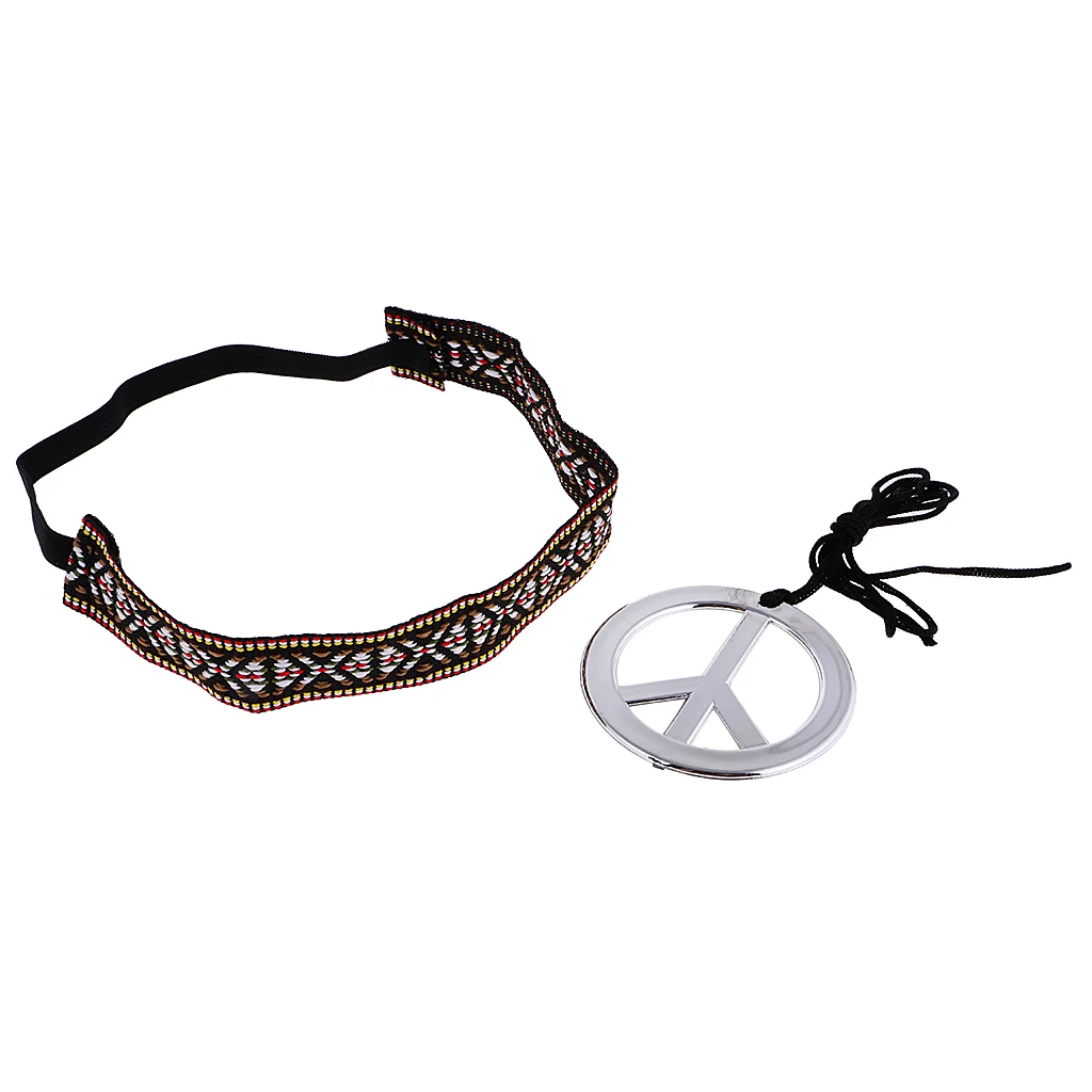 Phenovo Unisex Peace Symbol Pendant Necklace with Headband Set Costume Jewelry Accessories for women and men