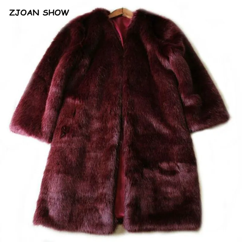 

High quality Wine red V neck Long Hairy Shaggy Faux Fox Fur Jackets New Woman Mid Long Loose Faux Fur Coat Keep Warm Outerwear