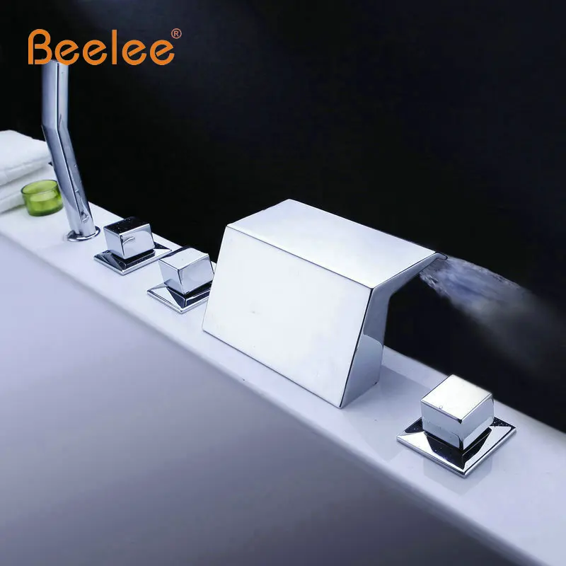 Beelee Deck Mount широкое 5 шт. кран для ванной водопад 3 ручки смеситель с ручной спрей полированный хром отделка BL18521C
