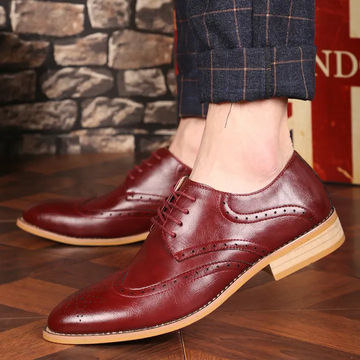 Dropshipping fashion new brand casual spring leather shoes mens dress business brogue shoes male lace up wedding shoes A005