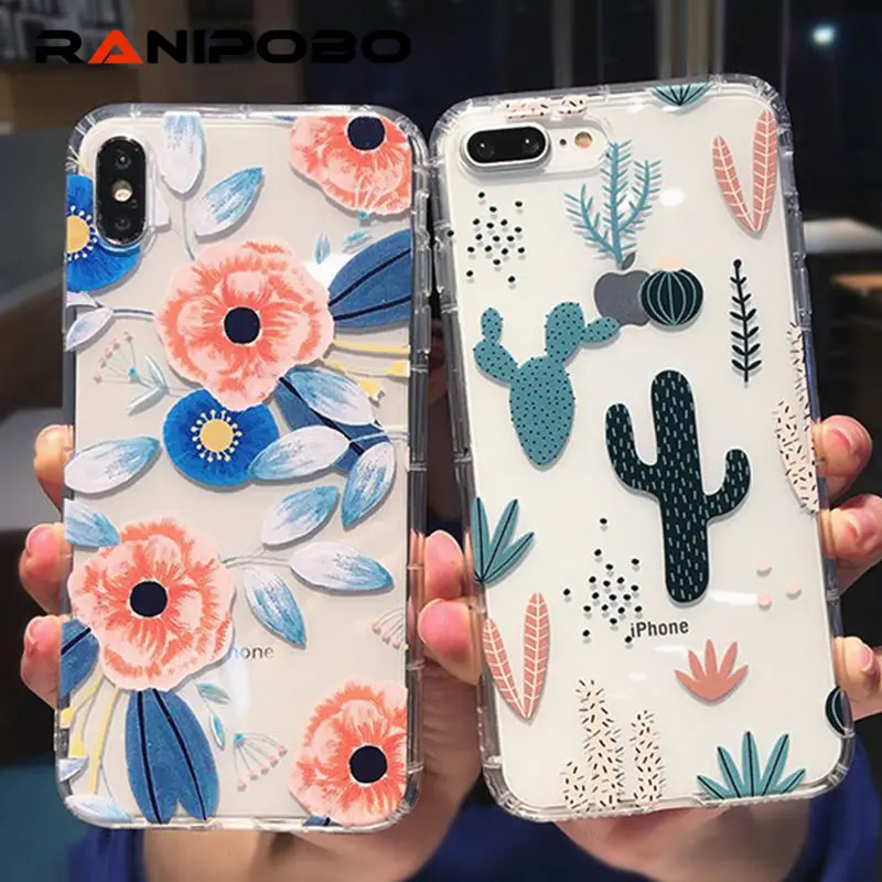

Vintage Flowers Cactus Pattern Phone Case For iPhone X XR XS Max 6 6S 7 8 Plus Shockproof Transparent Soft TPU Back Cover
