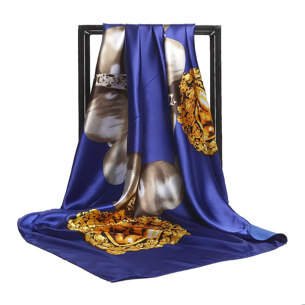 

Fashion Women Scarf Luxury Brand Leopard Flower Hijab Silk Satin Shawl Scarfs Foulard Square Head Scarves Wraps 2018 NEW 90x90cm