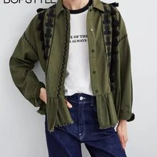 Осень Новая женская рубашка воротник вышитая деревенская куртка с кисточками особенности застежка на пуговицах и гофрированный подол