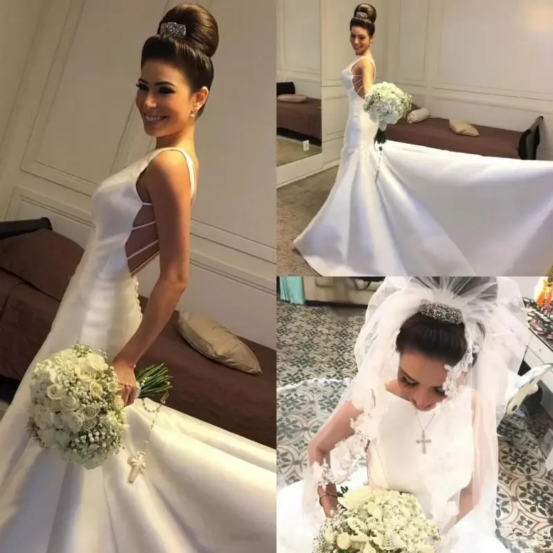 

Elegant Mermaid Wedding Dresses Sleeveless chapel train Simple Satin Sexy Backless Vestido De nova Bridal Gowns wedding gown