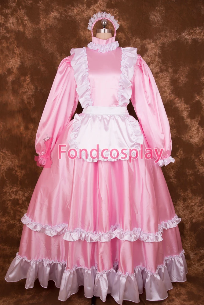 

Sexy Lockable Pink Satin Sissy Maid Long Dress Cosplay Costume Uniform[S008]