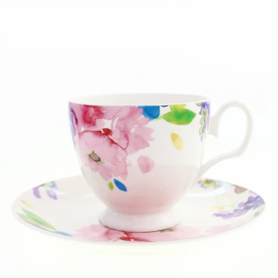 Керамические чашки и наборы блюдец с цветочным принтом на глазурованной костяной фарфор креативная кофейная чашка подарки на день рождения простой стиль блюдце - Цвет: A