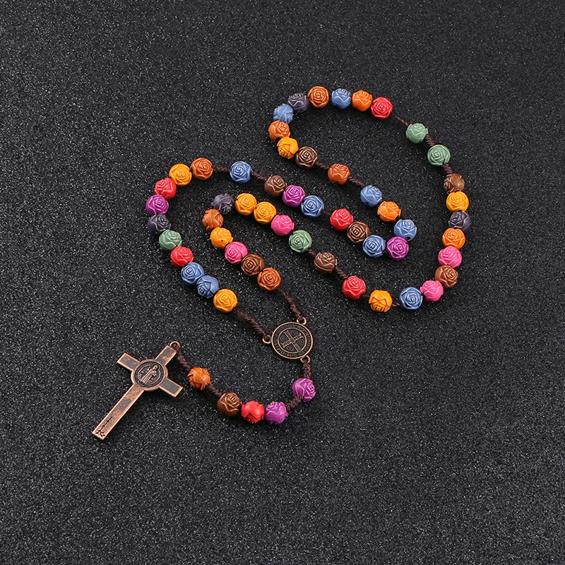 Коми пластиковые цветные четки бусины крест кулон длинное ожерелье для женщин мужчин католический Христос религиозная Подвеска "Иисус" ювелирные изделия подарок R-227