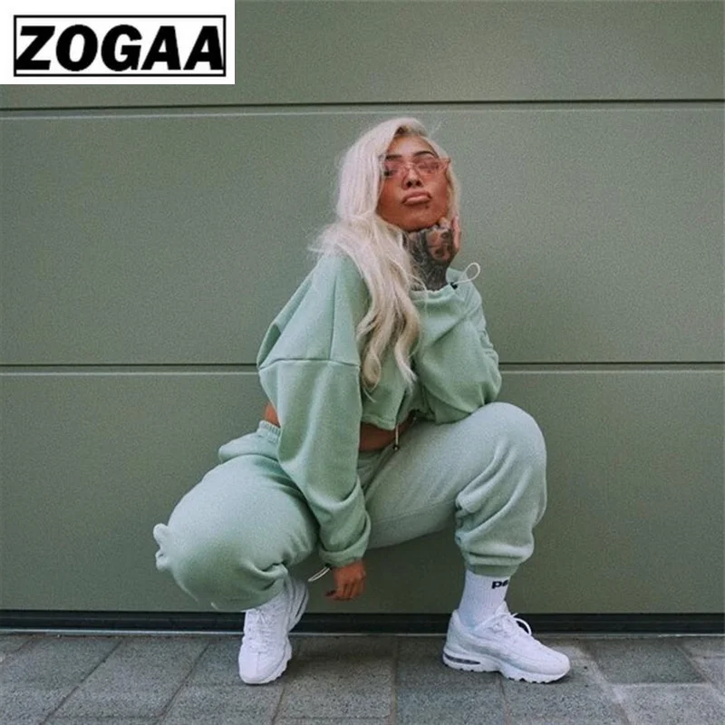 

ZOGGA Solid Color Midriff-baring Women Jogging Sets O-neck Elastic Cord Female Sport Suit Spandex Wicking Fabric Running Suits