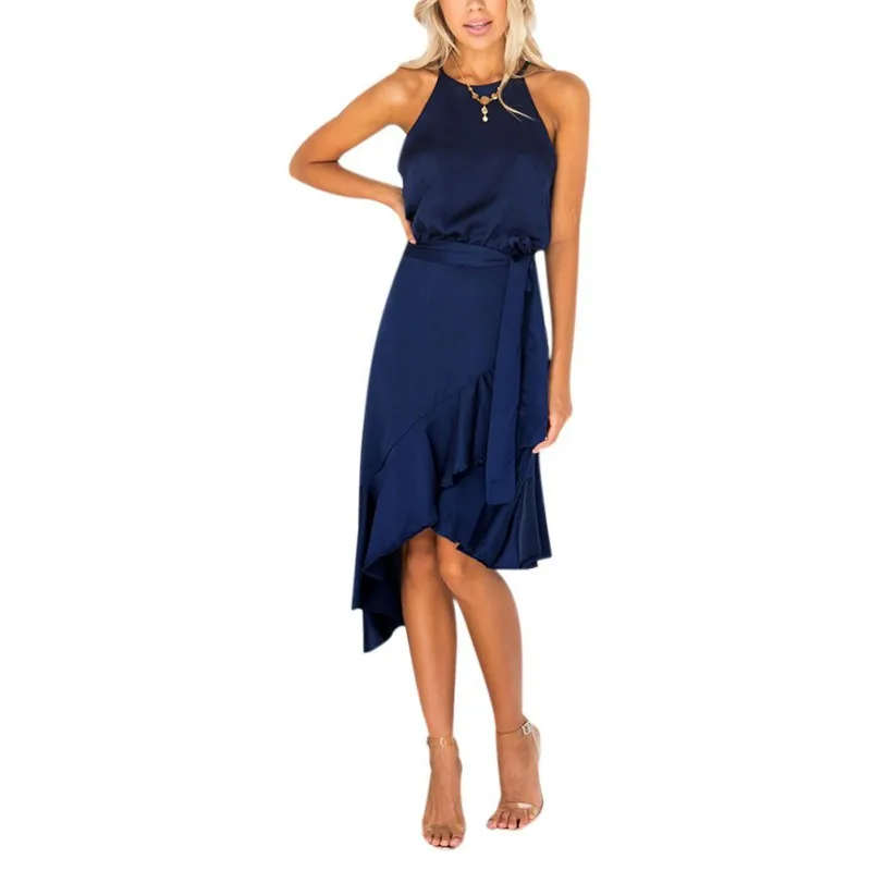 

Elegent Sleeveless Hanging Neck Dress Summer Women Lace Up High Waist Midi Dresses Solid Irregular Ladies Dresses