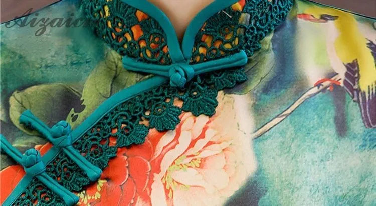 Новинка 2019 года кружево край печати Cheongsam для женщин китайский традиционное платье Qipao темно зеленый Восточный стиль винтаж Qi Pao длинные