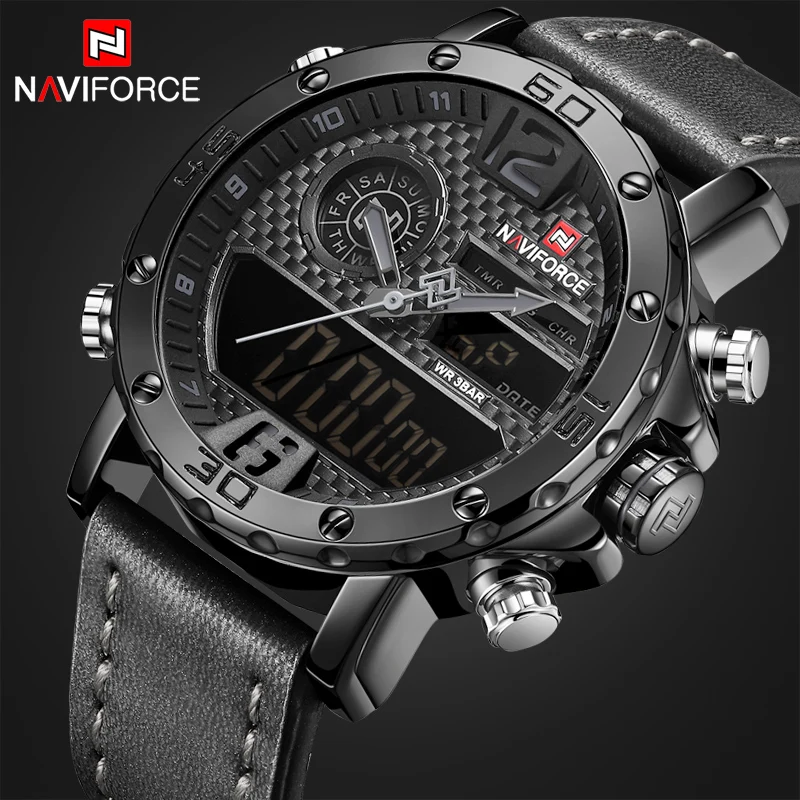 

Top Luxury Brand NAVIFORCE Men Casual Sport Watches Men's Leather Quartz Wrist Watch Male Military LED Date Analog Digital Clock