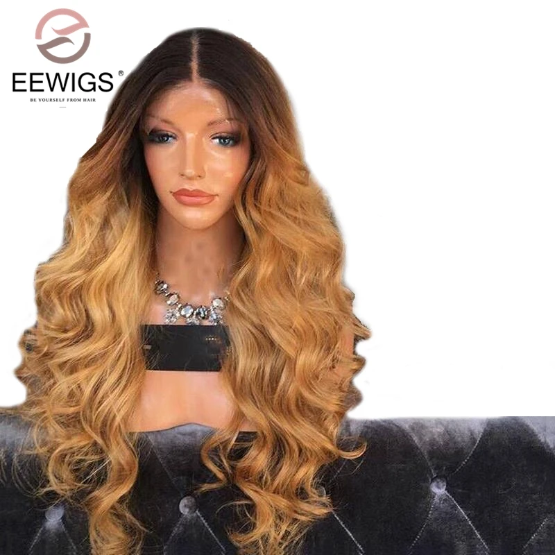 

EEWIGS Honey Blonde Lace Front Wig 180 Density Ombre Wig With Brown Root Heat Resistant Hair Loose Wave Synthetic Wigs For Women