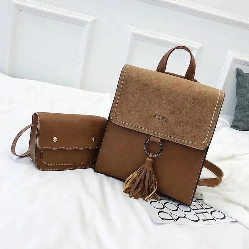 2pcsset Fashion Tassel women Backpack Leather Female Backpack School Shoulder Bag Vintage Travel bags for women 2018 Mochila (51)