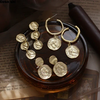 

HUANZHI Vintage S925 Sterling Matte Gold Metal Coin Lucky Queen Head Circle Portrait Long Drop Earrings for Women Party