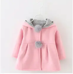 Осенне-зимняя куртка для девочек, детские толстовки с длинными заячьими ушками, повседневные хлопковые куртки с помпонами, Детская верхняя