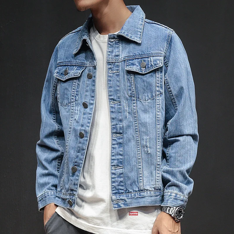 

spring and autumn period and the new men trend in 2019 Joker denim jacket Fashionable jean jacket lapel pure color