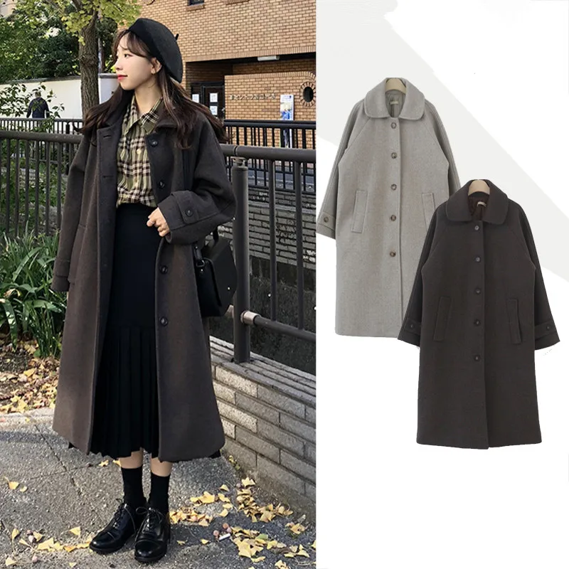 Шерстяное пальто женские Oversize Свободные Элегантный Дизайн Длинные Винтаж Дамы шерстяная Верхняя одежда Куртки с отворотами
