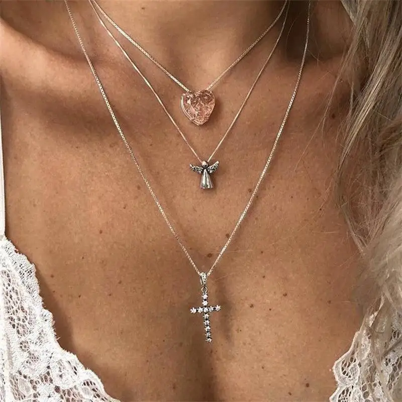 

Classic Women Necklaces Heart Pink Crystal Angel Pendant Silver Necklace Girl Birthday Party Multilayer Necklace Jewelry Gift