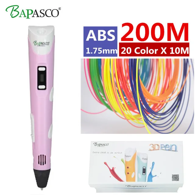 Best Offers 2018 BAPASCO new 3D Pen BP-100B 3d printing Pen Add 20 Color ABS Material Drawing Pen 3D Model For Kids Best diy Gifts packaging