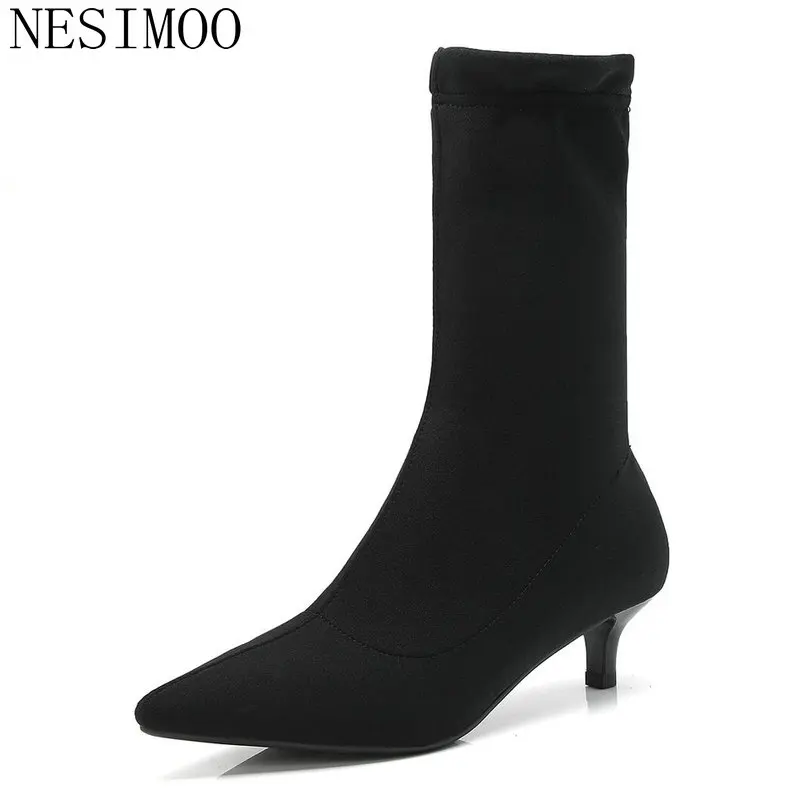 

NESIMOO 2019 Black Pointed Toe Shoes Woman Ankle Boots Med Heel Flock+PU Leather Slip On Ladies Motorcycle Boots Size 34-39