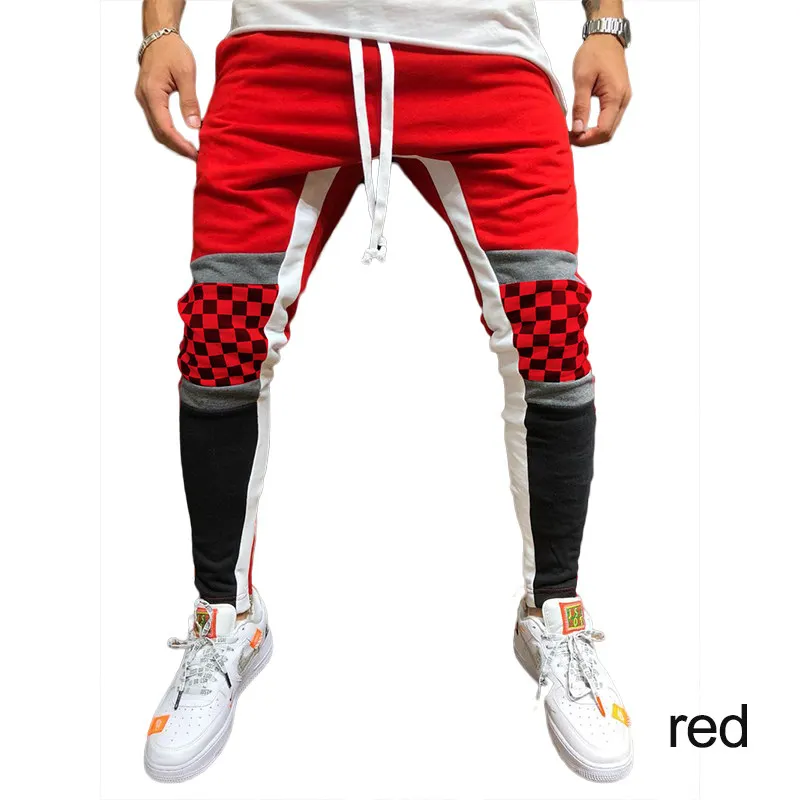 Модные узкие спортивные штаны мужские демисезонный плед облегающий карандаш брюки для девочек цвет блока лоскутное уличная трек - Цвет: Red  with Black